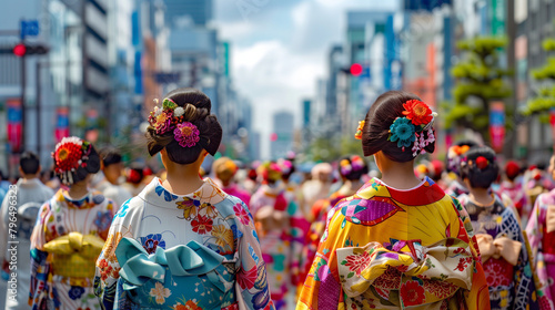 Sanno Matsuri Festival in Tokyo, Japan, with the backdrop of a modern metropolitan city, the festival procession is characterized by participants wearing traditional kimonos with striking colors. photo