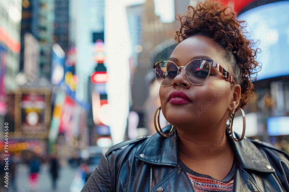 A self-assured woman with stylish hair and sunglasses poses in an urban environment with neon signs A self-assured woman with stylish hair and sunglasses poses in an urban environment with neon signs