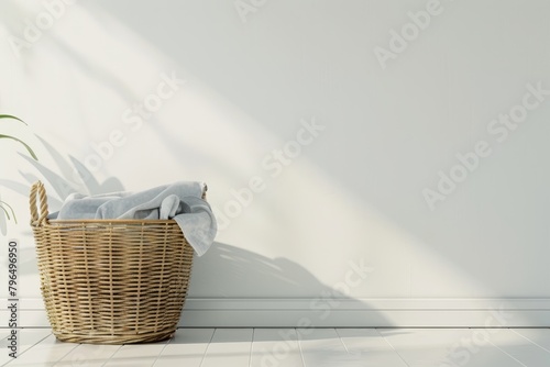Modern washing machine with laundry basket on white background, laundry room interior concept
