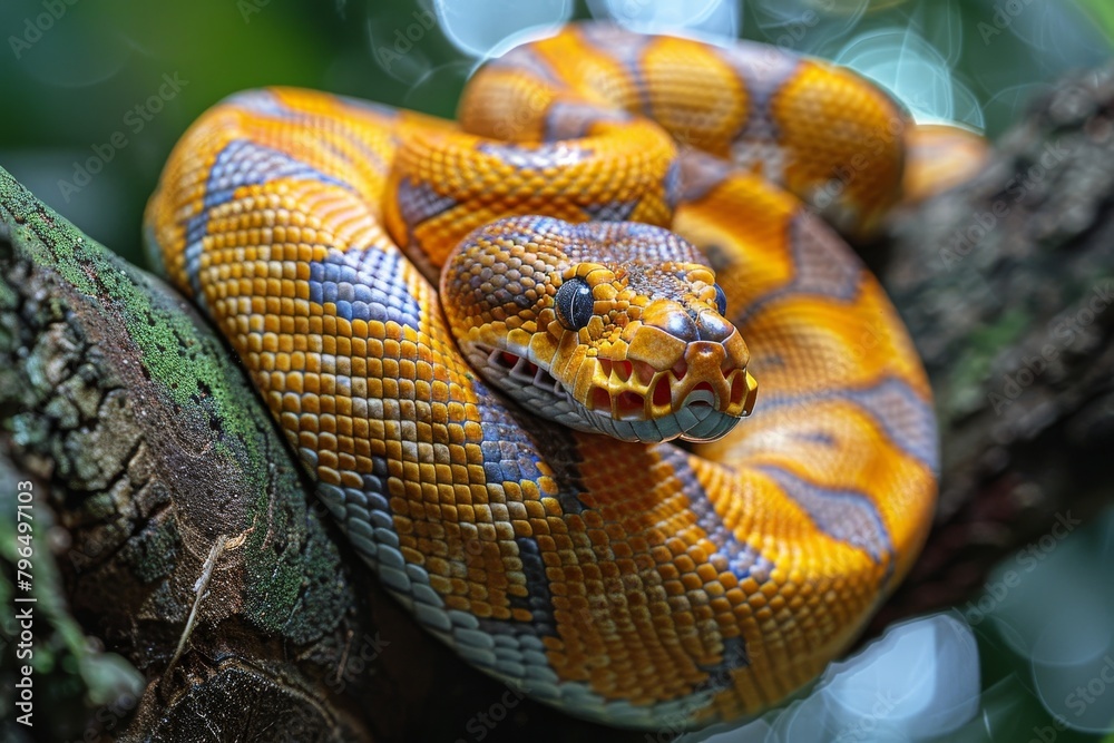 Fototapeta premium Reticulated Python: Coiled around a tree trunk, displaying its impressive size and pattern.