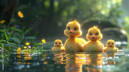A cute duck family sits warmly on the grass. photo