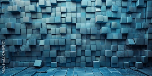 A blue wall made of blocks with a few missing pieces photo