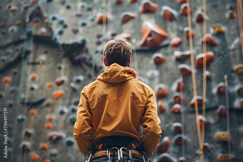 Male rock climber viewed from behind standing in front of training wall. Concept Rock Climber, Training Wall, Active Lifestyle, Adventure Sports, Outdoor Activity photo