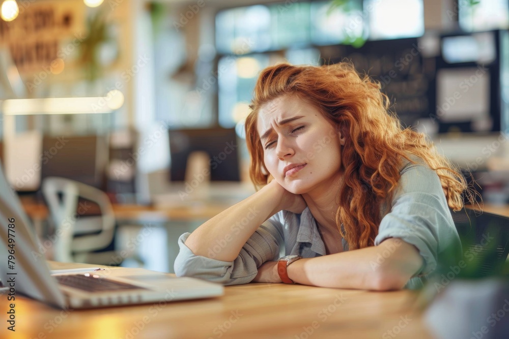 Young woman with wavy red hair leaning on hand, displaying fatigue or headache at her laptop in office Young woman with wavy red hair leaning on hand, displaying fatigue or headache at her laptop in office