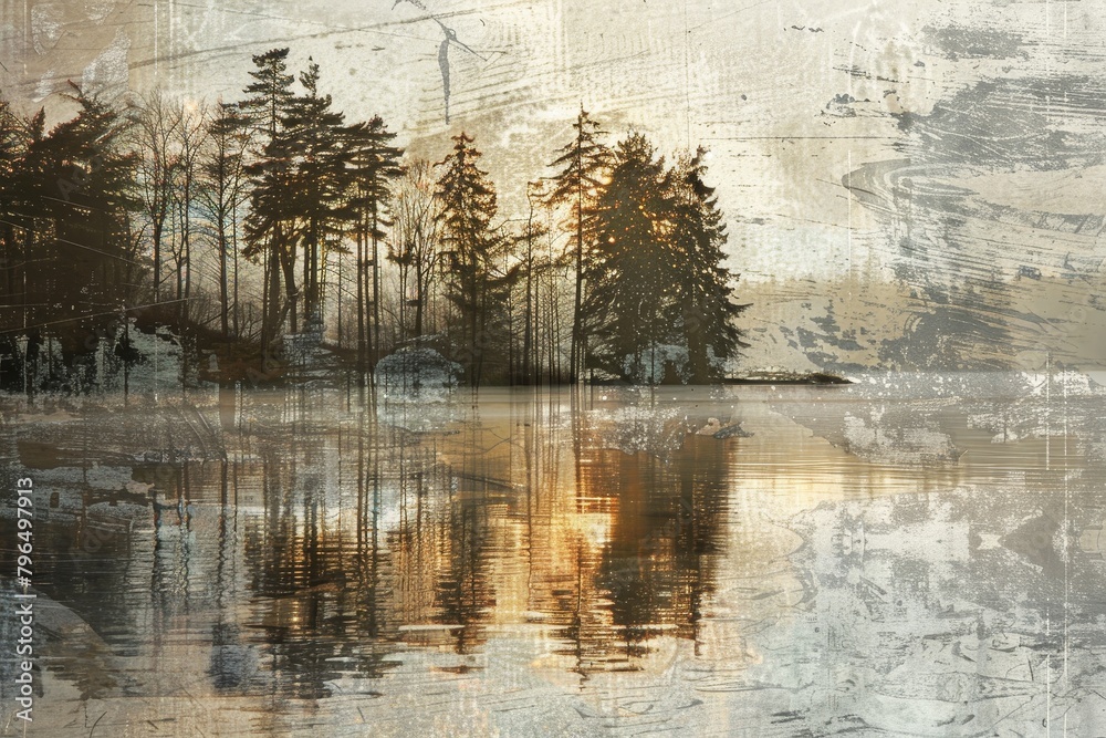 Vintage Canvas: Textured Reflections on a Tranquil Lake