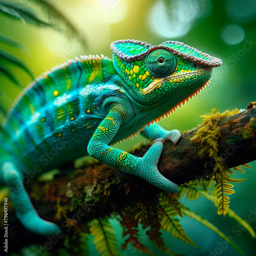 Illustration of green and red chameleon on a branch © Artvi