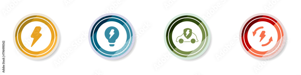 Logo energy icon set. White lightning sign. Alternative energy stylish round icons set. Color logo ecology vector. Vector illustration. Logo energy icon set. White lightning sign. Alternative energy stylish round icons set. Color logo ecology vector. Vector illustration.