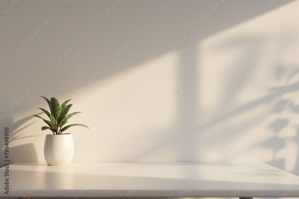 White vase with green plants on wooden table with abstract light background White vase with green plants on wooden table with abstract light background