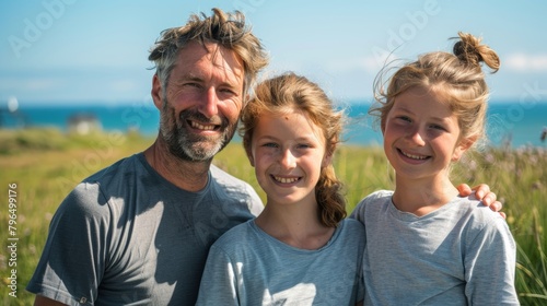 Happy, smiling family at beach for vacation, bonding, and summer break. Holiday, travel, and field care with parents and children by sea for positive, affectionate, or quality time
