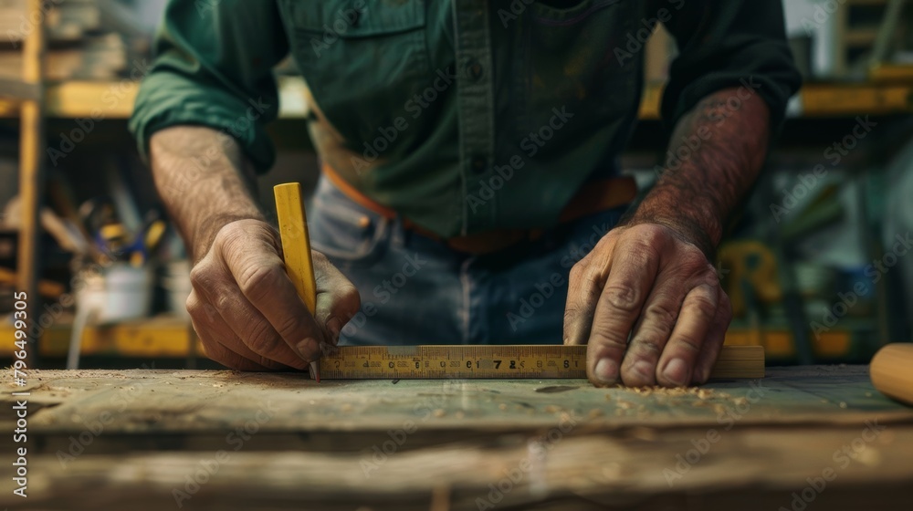 Carpenter measures wood for professional house renovation. Handyman measuring wooden beam and noting measurements with pen for house decoration. Carpenter measures wood for professional house renovation. Handyman measuring wooden beam and noting measurements with pen for house decoration.