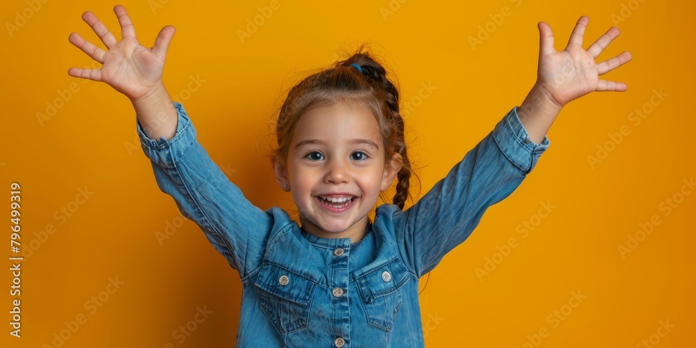 Studio portrait of happy child pointing up for advertisement, announcement, or promotion. Excited barefoot girl kid on orange background for hand gesture, sale, attention, or mockup space. Studio portrait of happy child pointing up for advertisement, announcement, or promotion. Excited barefoot girl kid on orange background for hand gesture, sale, attention, or mockup space.