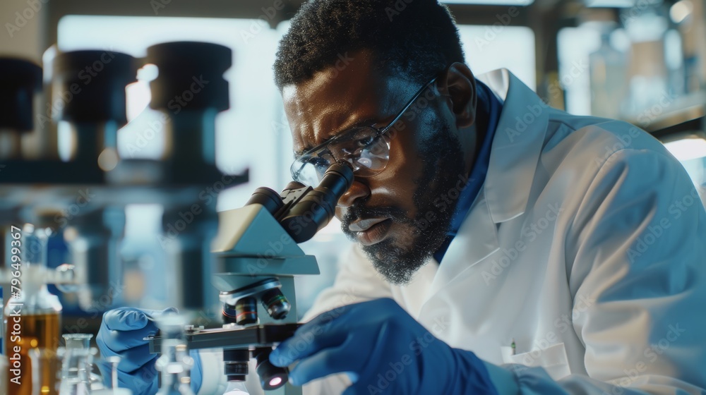 Microscope, science, and black man testing in medical research lab. Scientist, microbiology, and biotechnology technician planning research, innovation, and dna pathology Microscope, science, and black man testing in medical research lab. Scientist, microbiology, and biotechnology technician planning research, innovation, and dna pathology