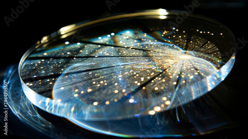 A magnified view of a luminescent solar concentrator reveals its intricate structure with tiny lighttering particles embedded within a translucent polymer. A focused light