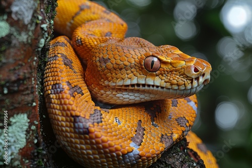 Reticulated Python: Coiled around a tree trunk, displaying its impressive size and pattern.