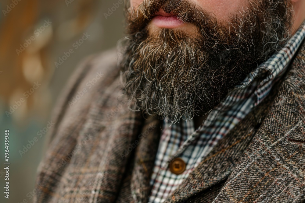 A detailed image capturing the texture of a thick beard and classic tweed fabric on a mature man Focus on personal style A detailed image capturing the texture of a thick beard and classic tweed fabric on a mature man Focus on personal style