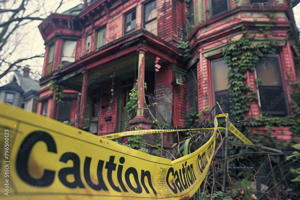 An eerie image of an overgrown Victorian-style house with Caution tape indicating a sense of danger or neglect