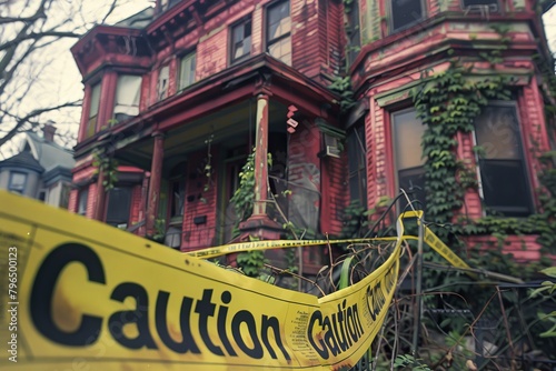 An eerie image of an overgrown Victorian-style house with Caution tape indicating a sense of danger or neglect