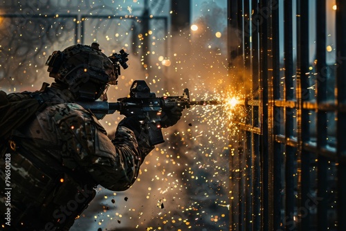 An armed soldier in gear is welding a metal barrier with flying sparks during a combat situation, depicting bravery and skill photo