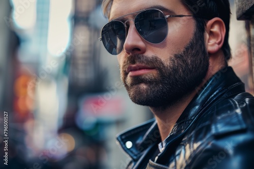 Sleek urban-shot of a stylish man wearing sunglasses and a leather jacket, exuding confidence and modern masculinity