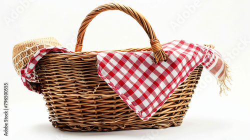 Wicker picnic basket with red checkered napkin on whit