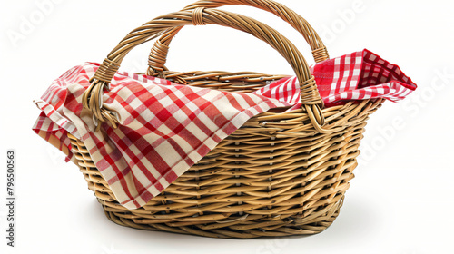 Wicker picnic basket with red checkered napkin on whit