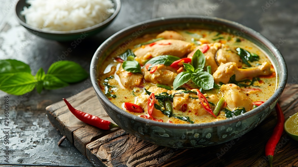 Thai food, green curry chicken with coconut curry on a wooden table