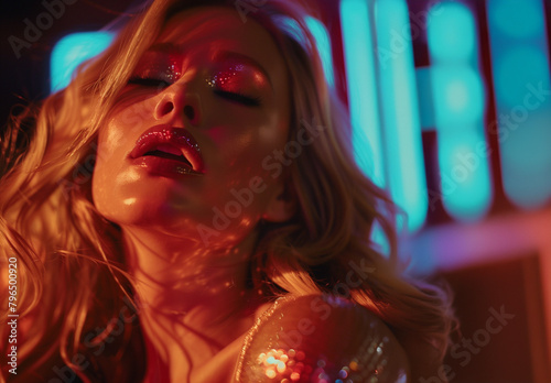 Blonde model with red lipstick. Glamor portrait of blonde girl, sweat, gold, golden drops, glitter, makeup, eroticism, kiss, red lights. Emphasis on the voluptuous mouth, closeup. photo