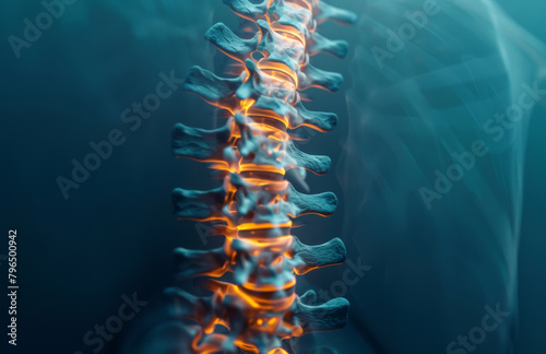 Spine, inflammation and back pain or injury x ray for vertebra pressure, tension or overlay. Joint, anatomy and herniated disc with skeleton bone or emergency surgery as strain, fracture or scoliosis
