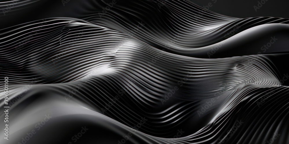 Dark black glossy carbon fiber background wave flowy