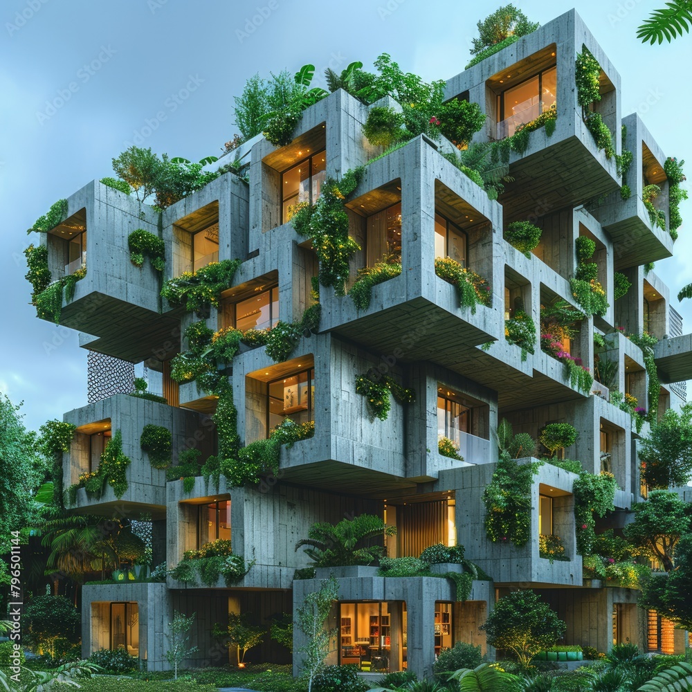 Green Building Integration: Showcase a white building integrated with green features like vertical gardens, rooftop vegetation, or sustainable materials. Generative AI