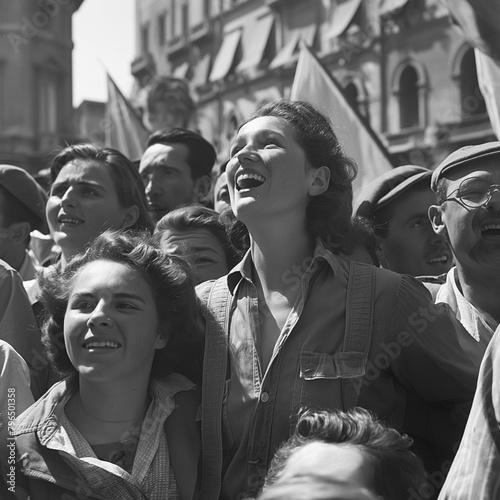 Protests in the streets in the past. Protesters, post-war, red flags, historical photos, anti-fascism, liberation, April 25, Italy. Partisans, celebration, class struggle, communism, proletariat. photo