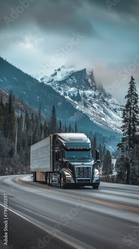 A heavy-duty semi truck drives on a mountain pass road with snow-covered slopes and a dramatic sky overhead.