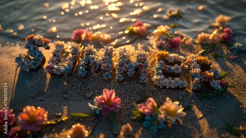lettering  SUMMER   made out of porcelain and colorful flowers