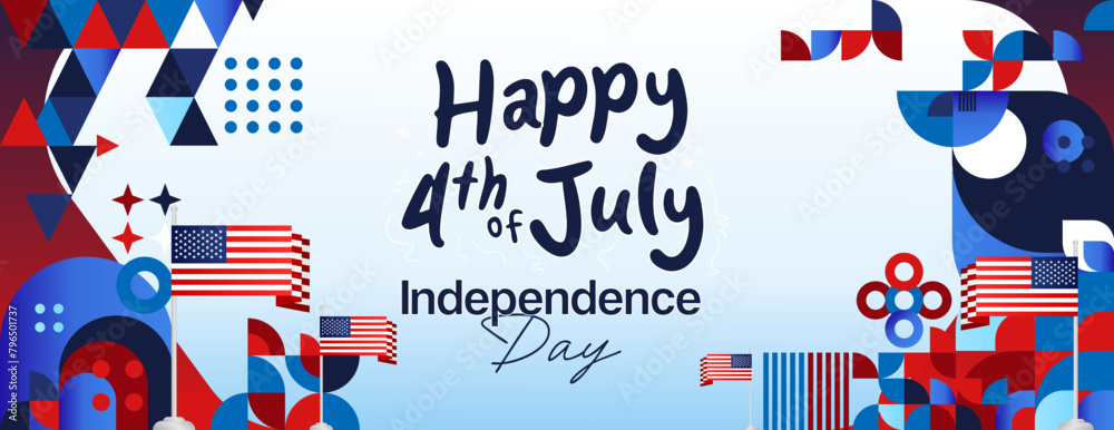 Obraz premium United States Independence Day wide banner in colorful modern geometric style. USA National Day greeting card cover on 4th of July with country flag. Vector illustration celebrating national holidays