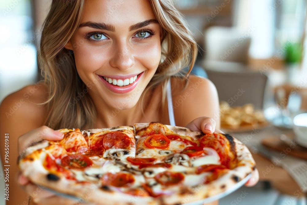 Woman savoring delicious pizza on pastel backdrop with ample space for text placement Woman savoring delicious pizza on pastel backdrop with ample space for text placement