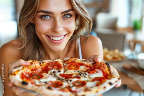 Woman savoring delicious pizza on pastel backdrop with ample space for text placement