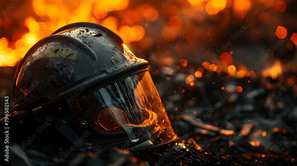 A close-up, low-angle shot of a firefighter's helmet and jacket discarded on a charred forest floor, scarred and soot-stained, conveying the intensity of the battle through realistic A close-up, low-angle shot of a firefighter's helmet and jacket discarded on a charred forest floor, scarred and soot-stained, conveying the intensity of the battle through realistic