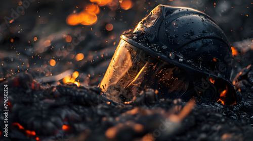 A close-up, low-angle shot of a firefighter's helmet and jacket discarded on a charred forest floor, scarred and soot-stained, conveying the intensity of the battle through realistic  photo