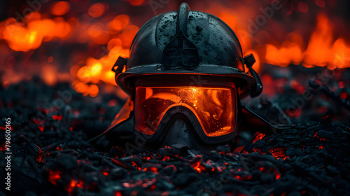 A close-up, low-angle shot of a firefighter's helmet and jacket discarded on a charred forest floor, scarred and soot-stained, conveying the intensity of the battle through realistic  photo