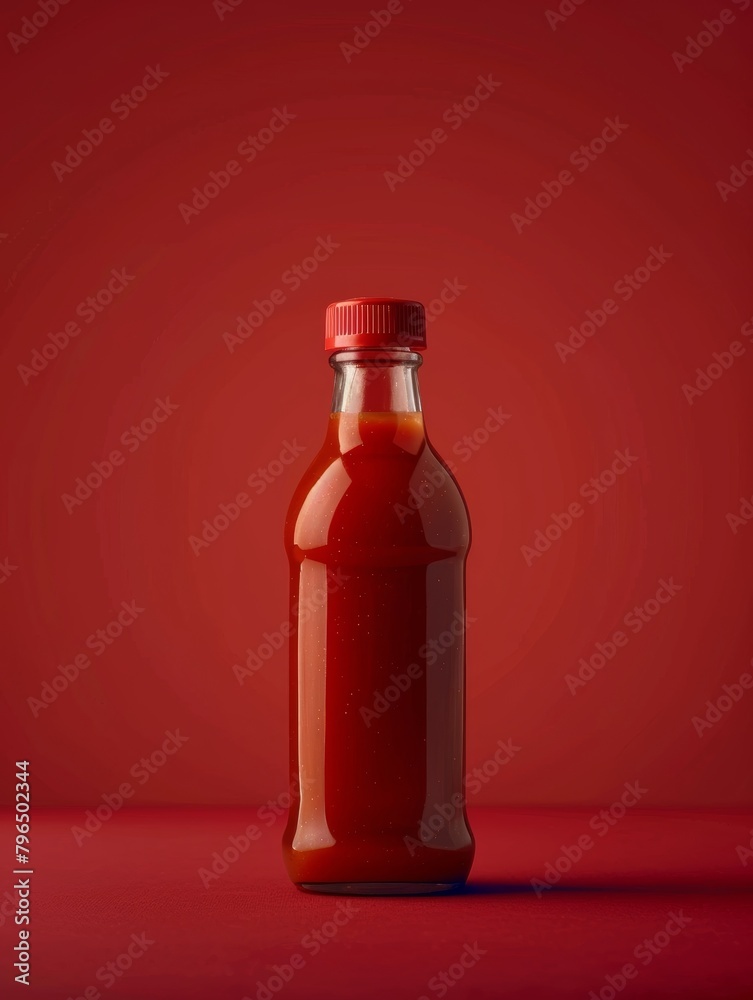 A minimalist design-focused red sauce bottle contrasts against a deep red backdrop, highlighting its singular bold color. A minimalist design-focused red sauce bottle contrasts against a deep red backdrop, highlighting its singular bold color.
