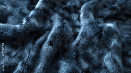 Texture of fur and wool in macro close-up. Detailed clear fibers of factory material. Particles of fabric and textiles, shimmer of light and shine. Volumetric wavy surface with reliefs in blue tones.