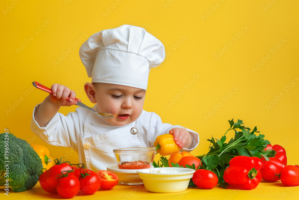 Toddler chef tasting tomato sauce Toddler chef tasting tomato sauce