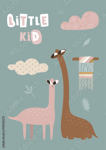 Cute dinosaur, boho concept. Template for banner, poster, notepad, printing. Vector illustration in flat modern style.