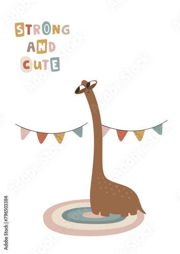 Cute dinosaur, boho concept. Template for banner, poster, notepad, printing. Vector illustration in flat modern style.