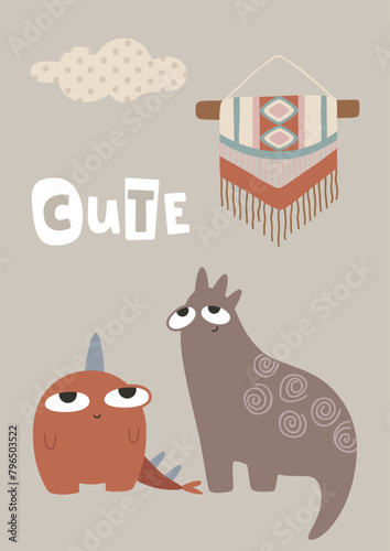 Cute dinosaur, boho concept. Template for banner, poster, notepad, printing. Vector illustration in flat modern style.
