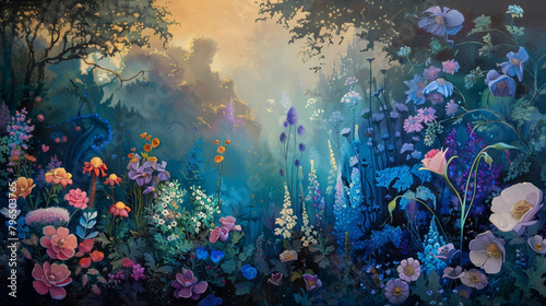 A whimsical garden blooming with fantastical flora, bathed in the gentle gradient of an enchanted twilight, where imagination knows no bounds. photo