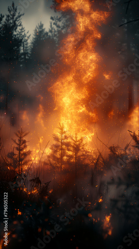 small fire in the grass in the forest.
