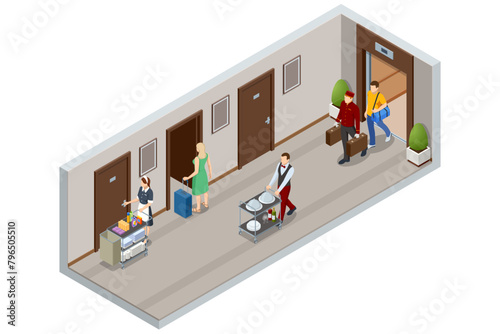 Isometric luxury hotel hallway interior with numbered doors, Woman chambermaid, Porter with Baggage, Waitress in uniform. Enjoy the Holiday and Vacation.