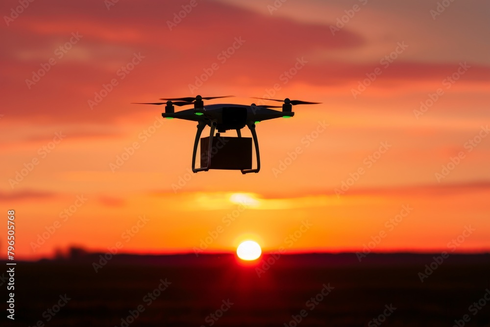 Sunset Flight: Drone Delivery Against the Dusk Sky Sunset Flight: Drone Delivery Against the Dusk Sky