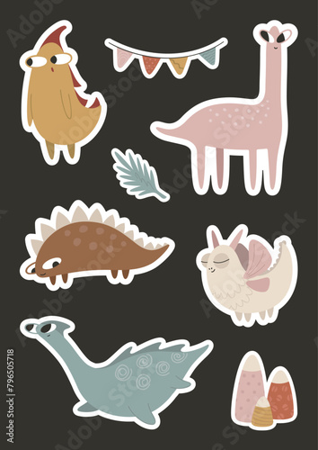 Dinosaur, dragon, mountains, carpet, clouds, plants. Boho style stickers.